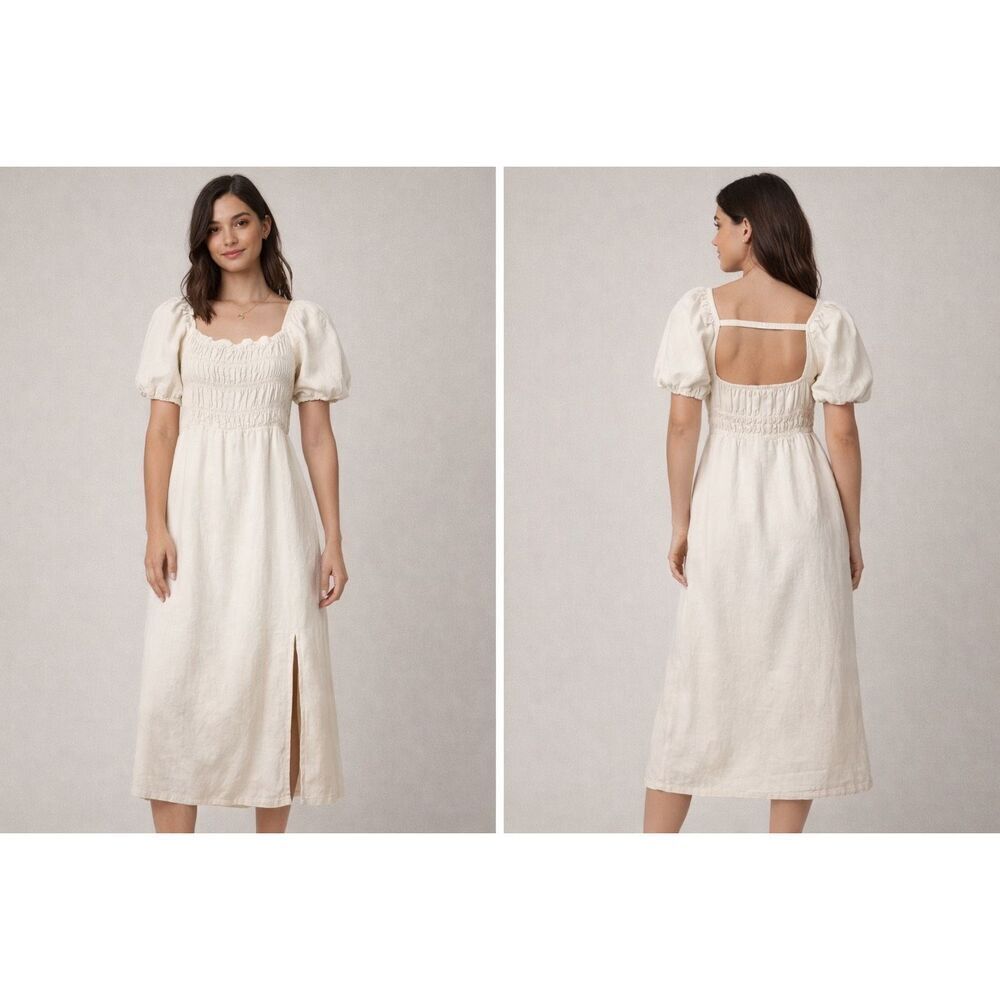 Forever 21 Smocked Linen Blend Puff Sleeve Midi Dress Cream S